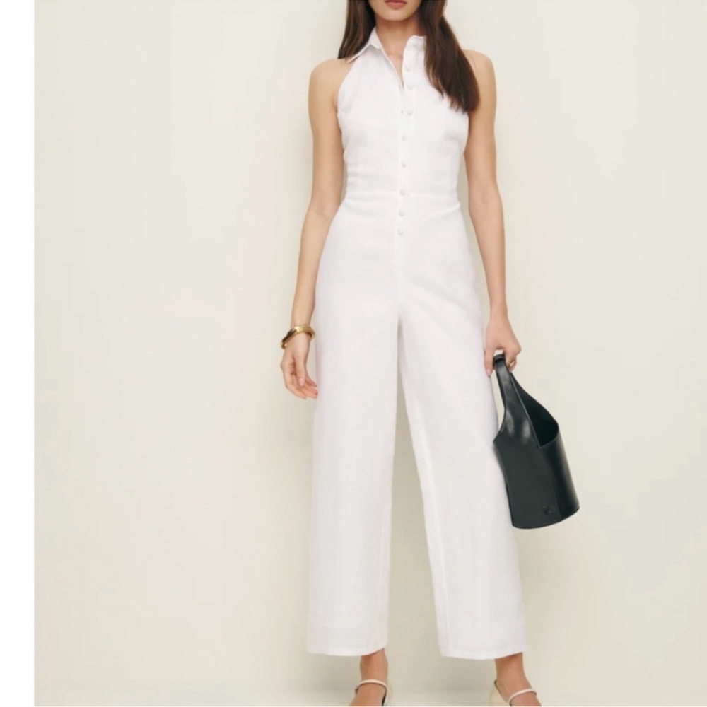 Reformation white linen jumpsuits